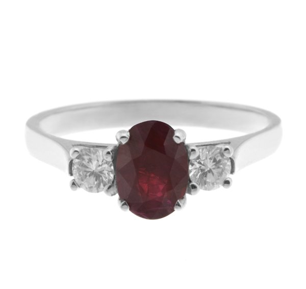 oval shape ruby & round brilliant cut diamond trilogy ring