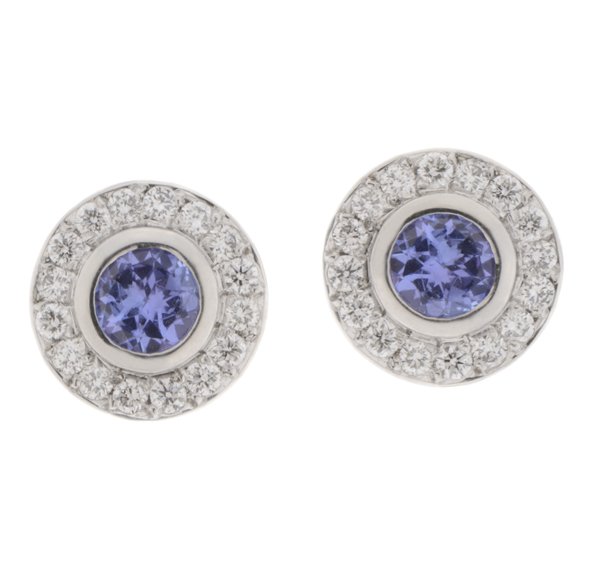 Classic round tanzanite and diamond halo earrings