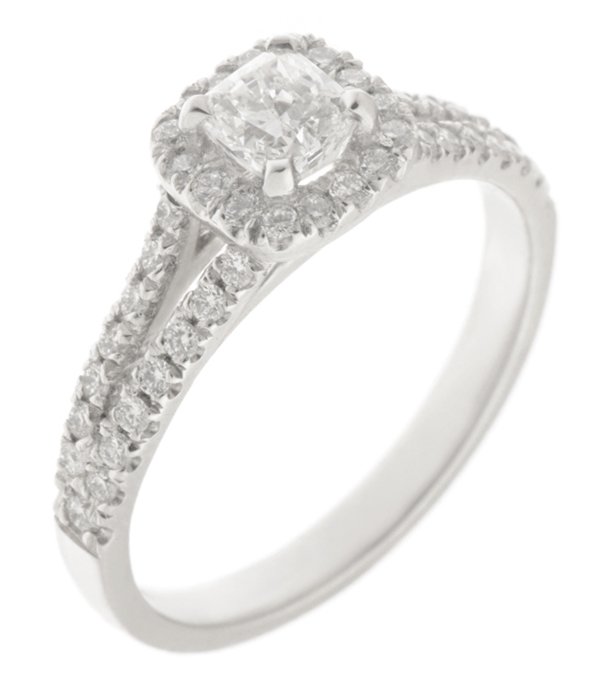 Cushion cut diamond halo engagement ring with diamond set split shoulders